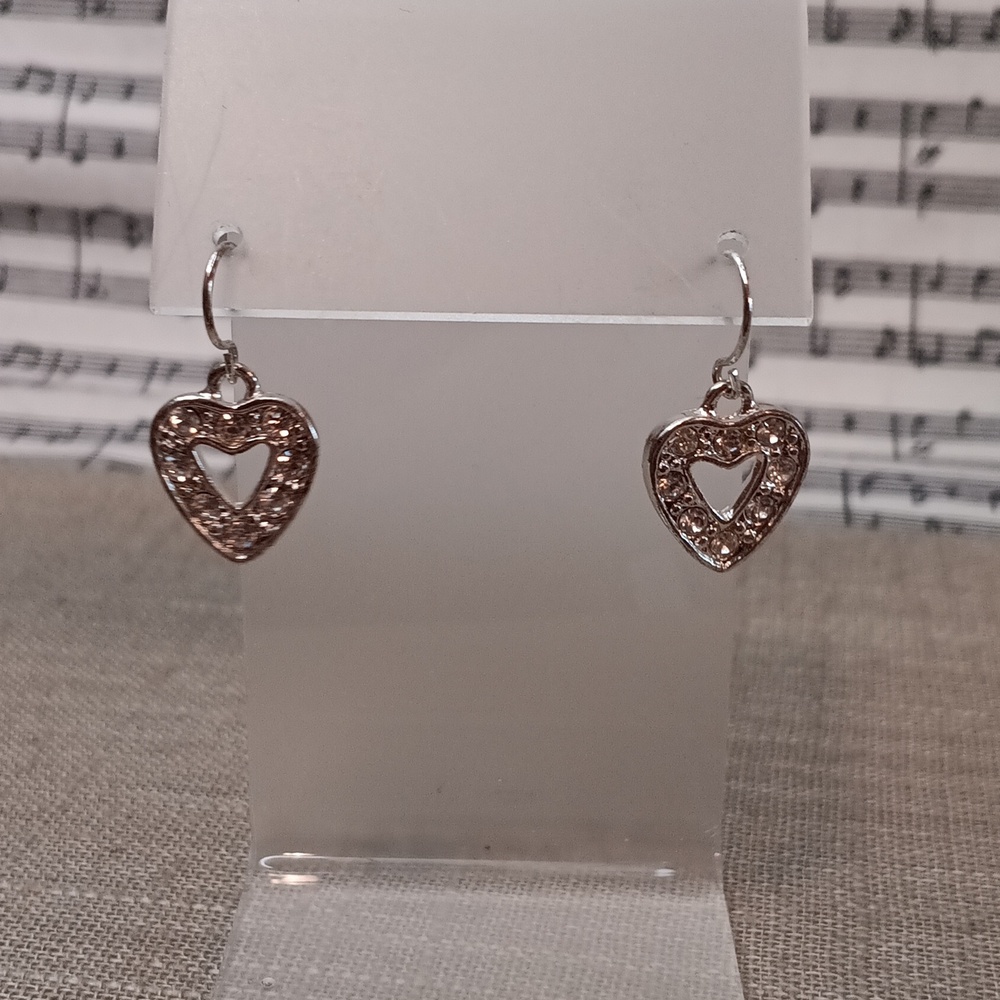 Silver Tone Crystal Heart Dangle Pierced Earrings